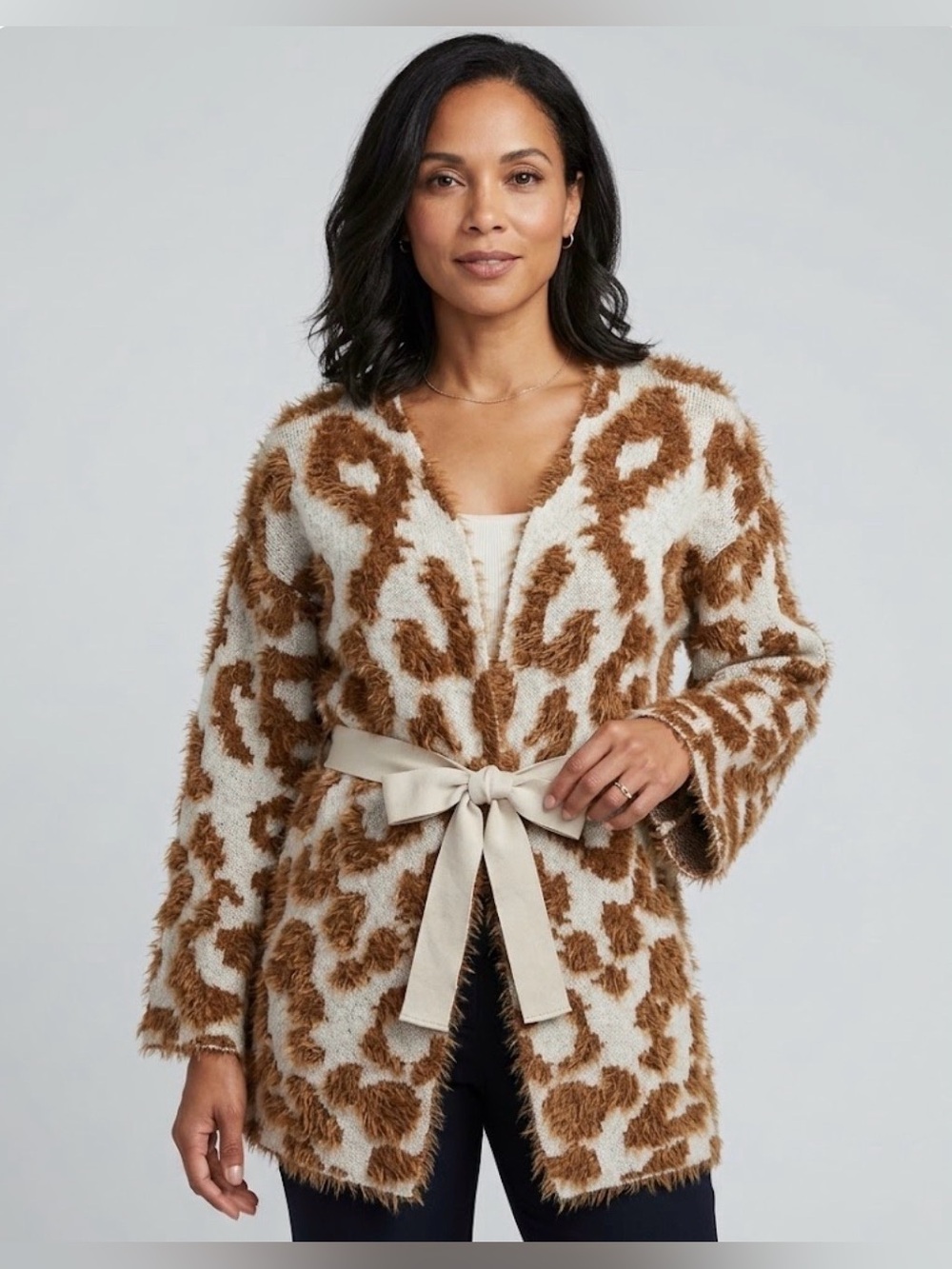 UNIQ Mocha Leopard Print Long Fluffy Textured Cardigan‎ S/M Cozy Lounge Wear